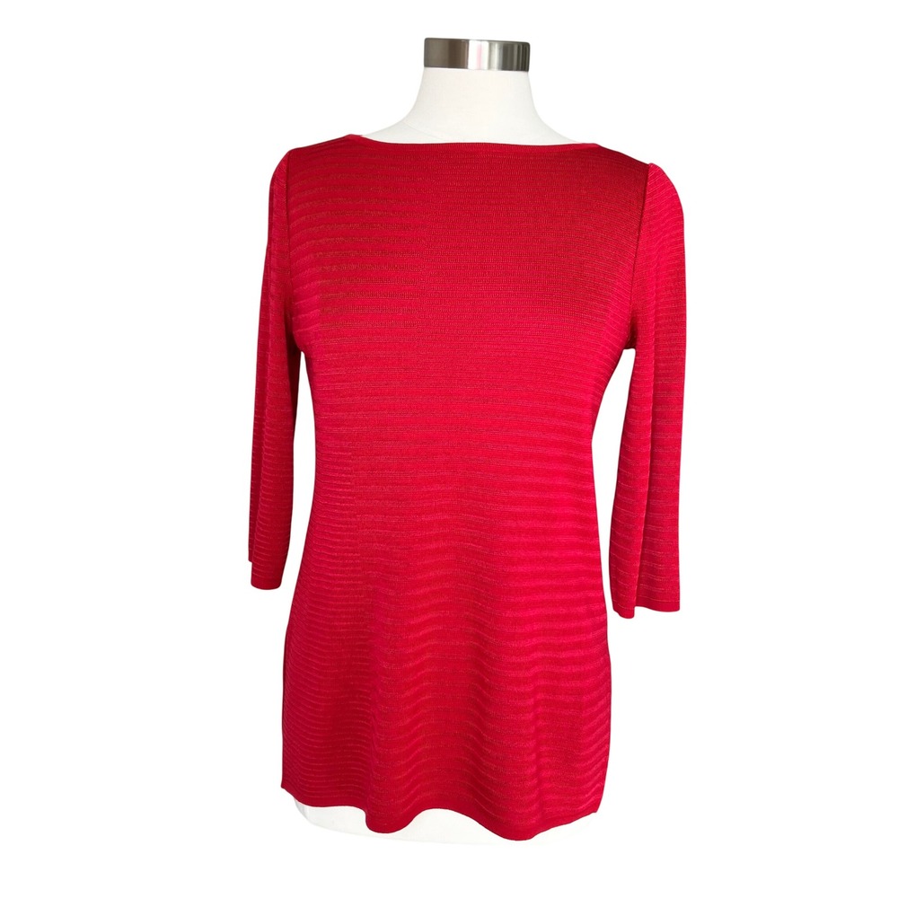 Misook Womens Red Ribbed Knit Tunic Top Boat Neck 3/4 Sleeve‎ Side Slit XS